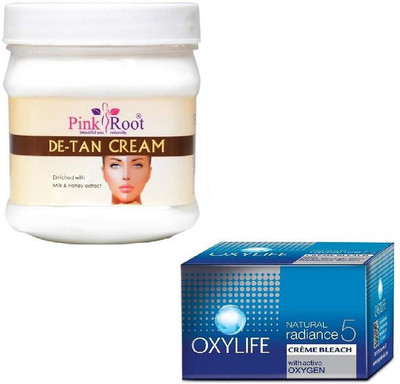 

Pink Root DE-TAN CREAM 500GM WITH OXYLIFE CREME BLEACH 27GM(Set of 2)