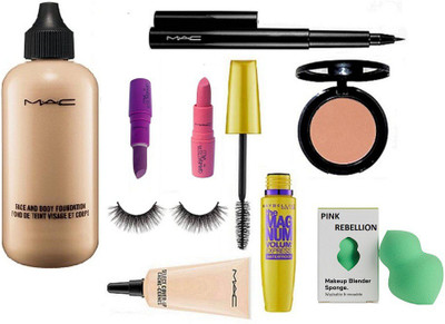 

PINK REBELLION Sponge puff, face and body foundation, lipstick (pack of 2), select cover up concealer, Blusher, pen eyeliner, the mag num mascara with eyelashes(Set of 9)