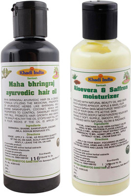 

Khadi India Santosh Khadi Herbal Maha bhringraj ayurvedic hair oil and Aloevera & Saffron moisturizer Combo Pack of 2x210 ml(Set of 2)
