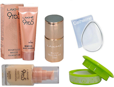 

catherine silicon puff & lakme 9to5 mousse and matte foundation, mirror nail polish, nail polish remover(Set of 3)