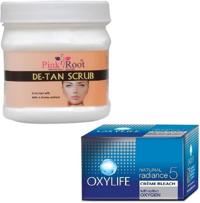 

Pink Root DE-TAN SCRUB 500GM WITH OXYLIFE CREME BLEACH 27GM(Set of 2)
