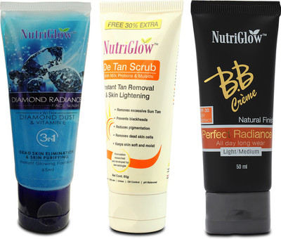 

NutriGlow 3 Steps For Party Ready Face / Diamond Radiance Face Wash - De-tan Scrub - BB cream / Mini Skin Specialist(Set of 1)