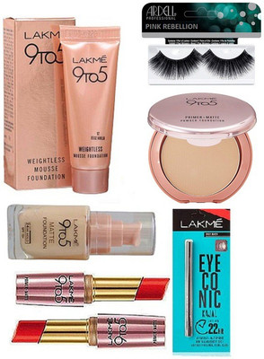 

PINK REBELLION Eyelashes, Matte & mousse foundation, primer-matte powder foundation, Eyeconic kajal, lipstick (pack of 2)(Set of 7)