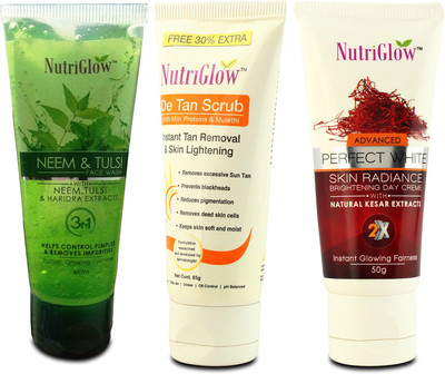 

NutriGlow Total Face Care / Neem Tulsi Face Wash - De Tan Scrub - Day Cream / 3 Step solution / Daily care(Set of 1)