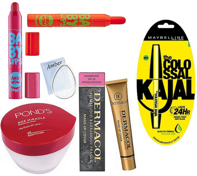 

Amber Silicon puff, age miracle wrinkle corrector cream,make up cover foundation,candy wow lip balm pack of 2, the Colossal kajal(Set of 6)