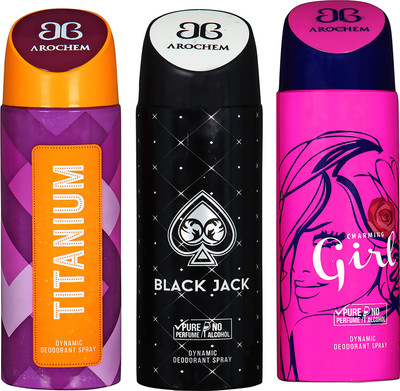 

AROCHEM TITANIUM , BLACK JACK AND CHARMING GIRL DYNAMIC PURE ORIGINAL Deodorant Spray - For Men & Women(200 ml, Pack of 3)