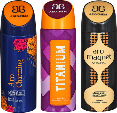 

AROCHEM ARO CHARMING , TITANIUM AND ARO MAGNET DYNAMIC PURE ORIGINAL Deodorant Spray - For Men & Women(200 ml, Pack of 3)