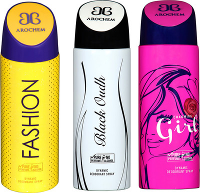 

AROCHEM FASHION , BLACK OUDH AND CHARMING GIRL DYNAMIC PURE ORIGINAL Deodorant Spray - For Men & Women(200 ml, Pack of 3)