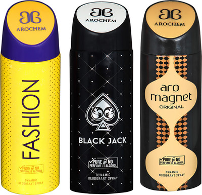 

AROCHEM FASHION , BLACK JACK AND ARO MAGNET DYNAMIC PURE ORIGINAL Deodorant Spray - For Men & Women(200 ml, Pack of 3)