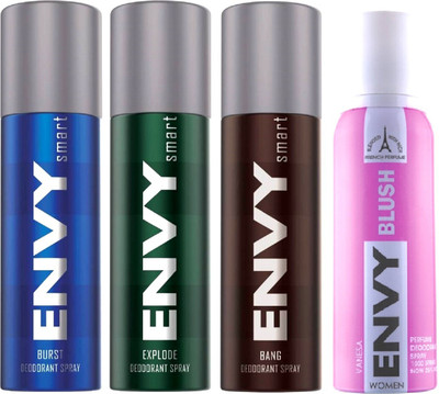

ENVY 1 SMART BURST DEODORANT 135ML+ 1 SMART EXPLODE DEODORANT 135ML+ 1 SMART BANG DEODORANT 135ML+ 1 BLUSH DEODORANT120 Body Spray - For Men & Women(135 ml, Pack of 4)