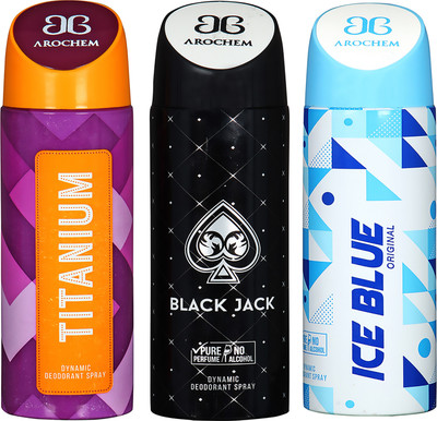 

AROCHEM TITANIUM , BLACK JACK AND ICE BLUE DYNAMIC PURE ORIGINAL Deodorant Spray - For Men & Women(200 ml, Pack of 3)