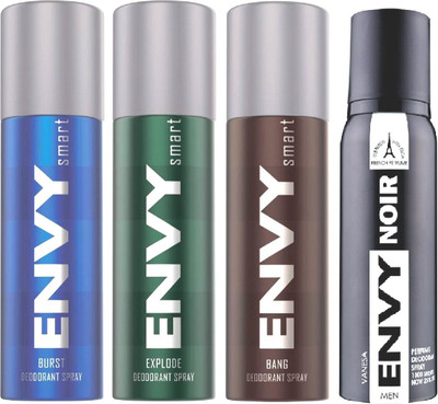 

ENVY 1 SMART EXPLODE DEODORANT 135ML+ 1 SMART BURST DEODORANT 135ML+ 1 SMART BANG DEODORANT 135ML+ 1 NOIR DEODORANT 120ML Body Spray - For Men & Women(135 ml, Pack of 4)