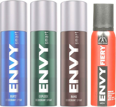 

ENVY 1 SMART EXPLODE DEODORANT 135ML+ 1 SMART BURST DEODORANT 135ML+ 1 SMART BANG DEODORANT 135ML+ 1 FIERY DEODORANT 120ML Body Spray - For Men & Women(135 ml, Pack of 4)