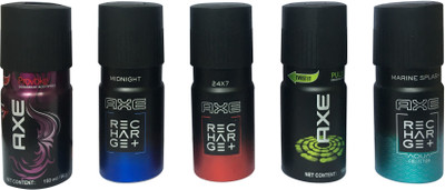 

AXE PROVOKE,MIDNIGHT,24*7,PULSE,MARINE SPLASH, ( PACK OF 5) Deodorant Spray - For Men(150 ml, Pack of 5)