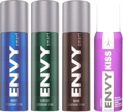 

ENVY 1 SMART BURST DEODORANT 135ML+ 1 SMART EXPLODE DEODORANT 135ML+ 1 SMART BANG DEODORANT 135ML+ 1 KISS DEODORANT120 Body Spray - For Men & Women(135 ml, Pack of 4)