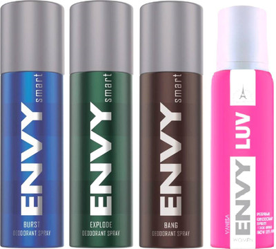 

ENVY 1 SMART BURST DEODORANT 135ML+ 1 SMART BANG DEODORANT 135ML+ 1 SMART EXPLODE DEODORANT 135ML+ 1 LUV DEODORANT 120ML Body Spray - For Men & Women(135 ml, Pack of 4)