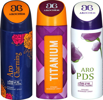 

AROCHEM ARO CHARMING , TITANIUM AND ARO PDS DYNAMIC PURE ORIGINAL Deodorant Spray - For Men & Women(200 ml, Pack of 3)