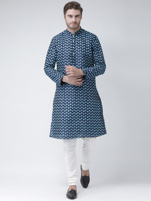 DEYANN Men Printed Straight Kurta(Dark Blue, Light Blue)