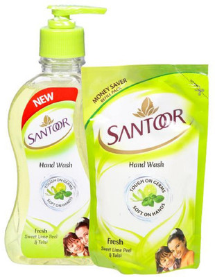 

santoor Fresh Sweet lime Peel & Tulsi handwash 215 ml (PUMP) + 180 ml (Refill) (Pack of 2)(395 ml, Pump Dispenser, Pack of 2)