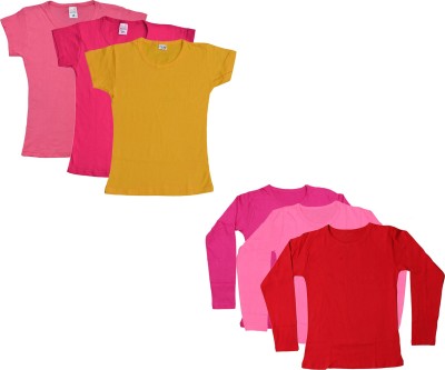 Indistar Girls Solid Cotton Blend Regular T Shirt(Pink, Pack of 6)