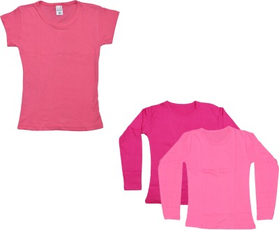 IndiWeaves Girls Solid Cotton Blend T Shirt(Pink, Pack of 3)