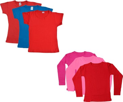 KAVYA Girls Solid Cotton Blend Regular T Shirt(Pink, Pack of 6)