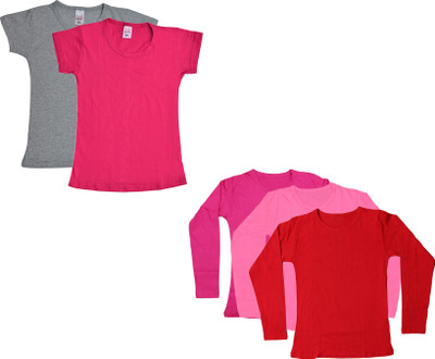 IndiWeaves Girls Solid Cotton Blend Regular T Shirt(Pink, Pack of 5)