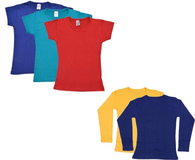 IndiWeaves Girls Solid Cotton Blend T Shirt(Multicolor, Pack of 5)