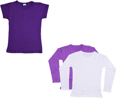 IndiWeaves Girls Solid Cotton Blend Regular T Shirt(Purple, Pack of 3)