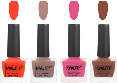 

Kwality Nail Paints | Velvet Matte Nail Polish Combo Candy Orange,Salmon Run,Pink Mania,Brown(Pack of 4)