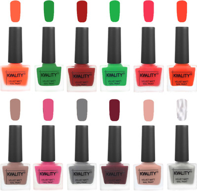 

Kwality Nail Paints | Nail Polish| Nail Paint Combo Set of 12 Carrot Orange-Dark Green-Red-Green-Pink Mania-Candy Orange-Salmon Run-Pink -Grey-Maroon-Salmon Pink-Silver(Pack of 12)