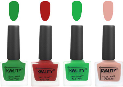 

Kwality Nail Paints | Velvet Matte Nail Polish Combo Dark Green,Red,Green,Salmon Pink(Pack of 4)
