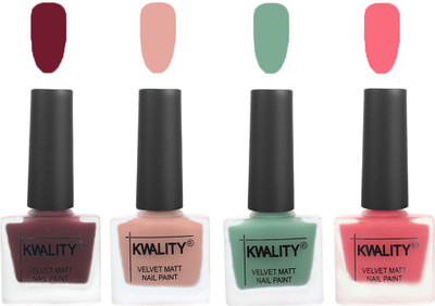 

Kwality Nail Paints | Velvet Matte Nail Polish Combo Maroon,Salmon Pink,Mischievous Mint,Frozen Pink(Pack of 4)