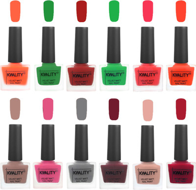 

Kwality Nail Paints | Nail Polish| Nail Paint Combo Set of 12 Carrot Orange-Dark Green-Red-Green-Pink Mania-Candy Orange-Salmon Run-Pink -Grey-Maroon-Salmon Pink-Berry(Pack of 12)