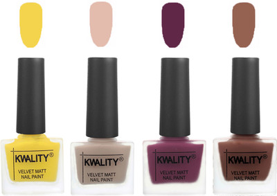 

Kwality Nail Paints | Velvet Matte Nail Polish Combo Yellow,Light Baby Nude,Purple,Shock Brown(Pack of 4)