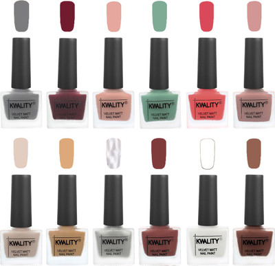 Kwality Nail Paints | Nail Polish| Nail Paint Combo Set of 12 Grey-Maroon-Salmon Pink-Mischievous Mint-Baby Pink-Salmon-Light Beige-Beige-Silver-Dark Tan-White-Shock Brown(Pack of 12)
