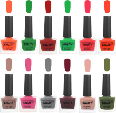 

Kwality Nail Paints | Nail Polish| Nail Paint Combo Set of 12 Carrot Orange-Dark Green-Red-Green-Pink Mania-Candy Orange-Salmon Run-Pink -Grey-Maroon-Salmon Pink-Olive Green(Pack of 12)