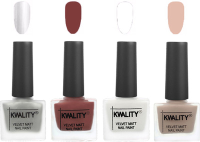 

Kwality Nail Paints | Velvet Matte Nail Polish Combo Silver,Dark Tan,White,Light Baby Nude(Pack of 4)