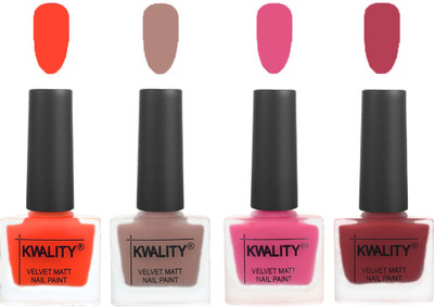 

Kwality Nail Paints | Velvet Matte Nail Polish Combo Candy Orange,Salmon Run,Pink Mania,Rani Pink(Pack of 4)