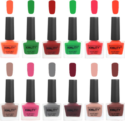 

Kwality Nail Paints | Nail Polish| Nail Paint Combo Set of 12 Carrot Orange-Dark Green-Red-Green-Pink Mania-Candy Orange-Salmon Run-Pink -Grey-Maroon-Salmon Pink-Black(Pack of 12)