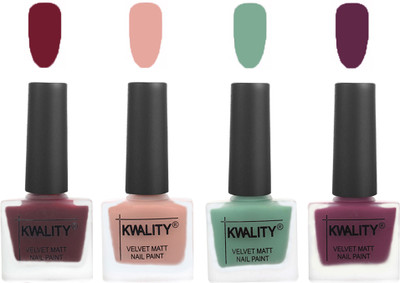 

Kwality Nail Paints | Velvet Matte Nail Polish Combo Maroon,Salmon Pink,Mischievous Mint,Purple(Pack of 4)