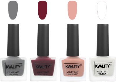 

Kwality Nail Paints | Velvet Matte Nail Polish Combo Grey,Maroon,Salmon Pink,White(Pack of 4)