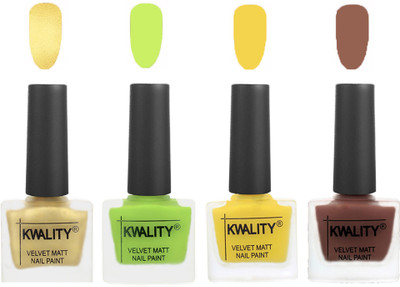

Kwality Nail Paints | Velvet Matte Nail Polish Combo Golden,Light Lemon Green,Yellow,Shock Brown(Pack of 4)
