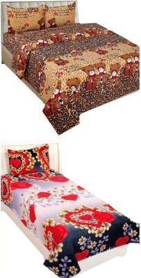 TONII 150 TC Polycotton Double Floral Fitted & Flat Bedsheet(Pack of 2, Multicolor)