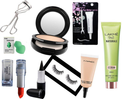 

PINK REBELLION Sponge puff, kajal, eyelashes with eyelashes curler and eyelashes glue & Naturale Cream(Set of 9)