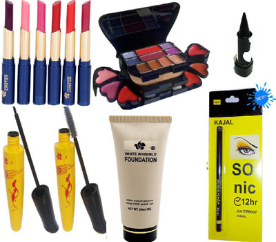 

Prakritee ADS 6Pcs Lipstick+Kajal+3746Makeup Kit+1612 Eyeliner mascara+Foundation+Eyecare kajal(Set of 12)