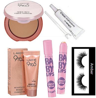 

Amber Eyelashes, candy wow lip balm pack of 2, Eyelashes glue, 9 to 5 weightless mousse foundation, primer matte powder compact(Set of 6)