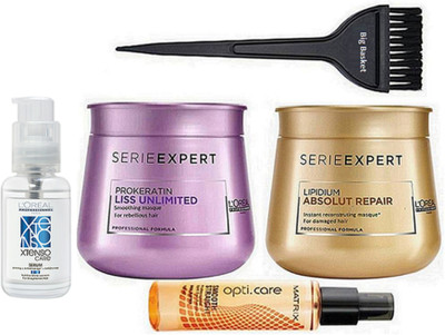 

big Basket Hair Brush, Pro+Keratin Liss Unlimited Masque With Absolut Repair Lipidium Masque & Split End Hair Serum, Xtenso Care Hair Serum(Set of 5)