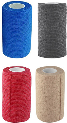 

A-TAPE Self Adhesive Bandage Cohesive Blue, Black, Red & Beige (10 cm X 4.5 meters, Pack of 4) Elastic Crepe Bandage