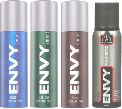 

ENVY 1 SMART EXPLODE DEODORANT 135ML+ 1 SMART BURST DEODORANT 135ML+ 1 SMART BANG DEODORANT 135ML+ 1 MAGNETIC DEODORANT 120ML Body Spray - For Men & Women(135 ml, Pack of 4)